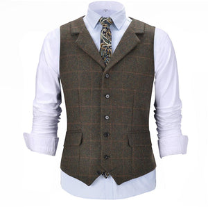 Casual Gentleman Men's Army Green Vest Plaid Soft Wool Brown Jacket Tweed Business Waistcoat For Groosmen Best Man Wedding - DreamWeaversStore