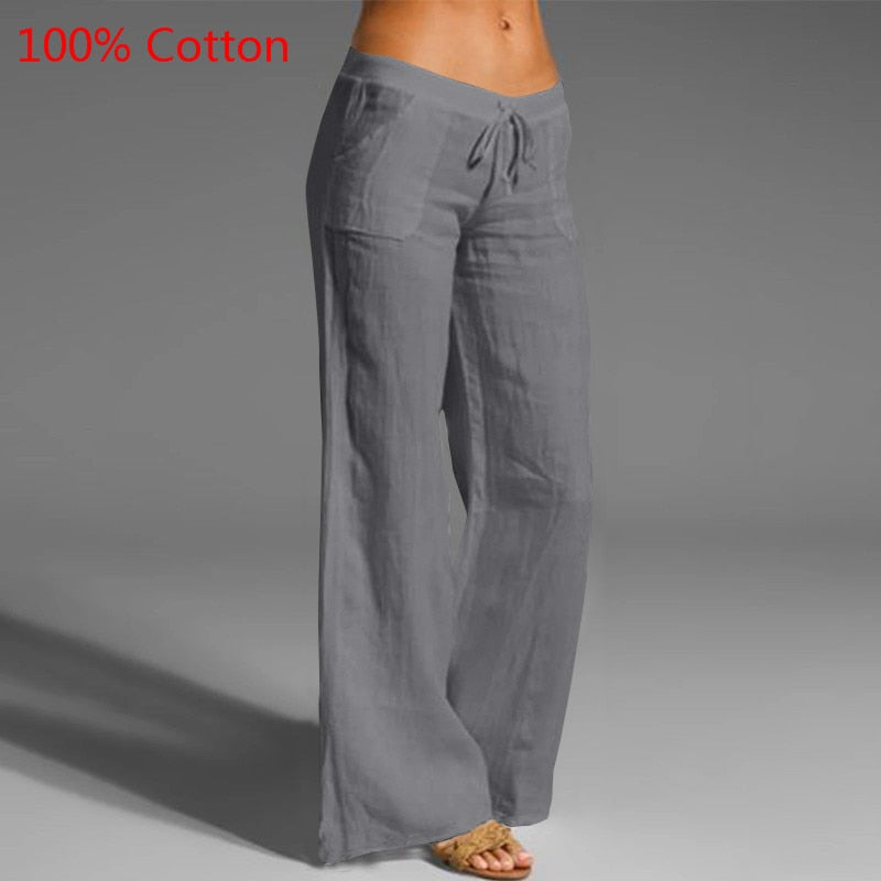 2021 Celmia Oversized Women Vintage Wide Leg Pants Autumn Linen Palazzo Fashion Long Trouser Casual Elastic Waist Solid Pantalon - DreamWeaversStore