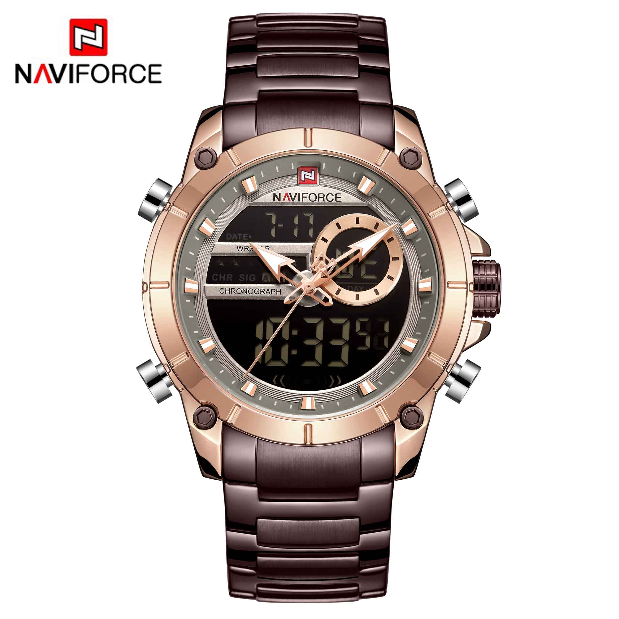 NAVIFORCE Men Military Sport Wrist Watch Gold Quartz Steel Waterproof Dual Display Male Clock Watches Relogio Masculino 9163 - DreamWeaversStore