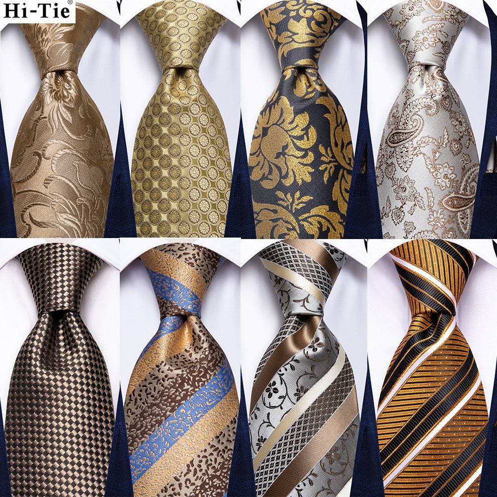 Hi-Tie Champagne Gold Striped Paisley Solid Men Silk Wedding Tie Fashion Design Necktie For Men Hanky Cufflink Business Party - DreamWeaversStore