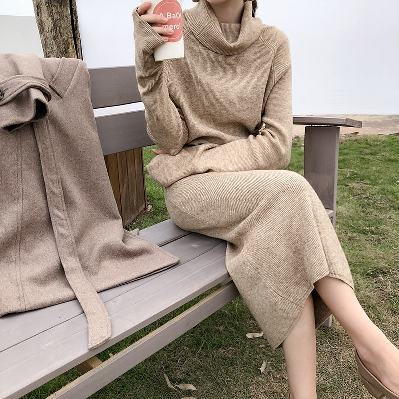 Winter Thicken Turtleneck Sweater Dress Women Lace Up Knitted Long Dress Female Knitwear Soft Vestidos 2021 high quality - DreamWeaversStore