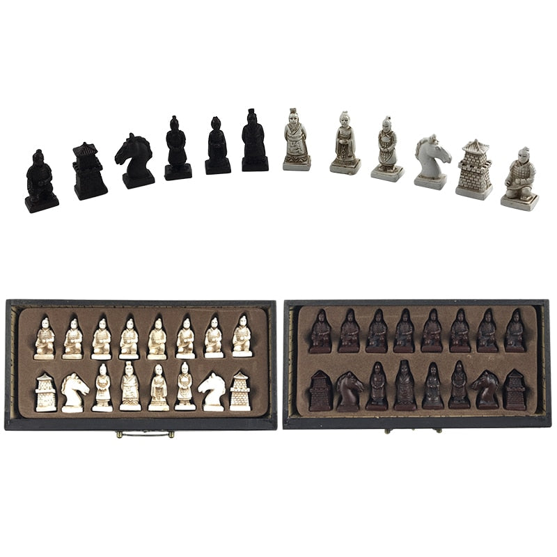 New Wood Chess Chinese Retro Terracotta Warriors Chess Wood Do old Carving Resin Chessman Christmas Birthday Premium Gift Yernea - DreamWeaversStore