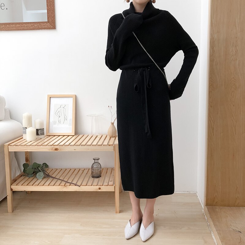 Winter Thicken Turtleneck Sweater Dress Women Lace Up Knitted Long Dress Female Knitwear Soft Vestidos 2021 high quality - DreamWeaversStore