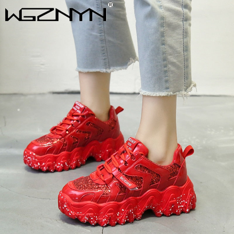 NEW Brand Autumn Chunky Sneakers Wedges Shoes for Women Bling Red Womens Shoes Platform Comfortable Sneaker Thick Sole Dad Shoes - DreamWeaversStore