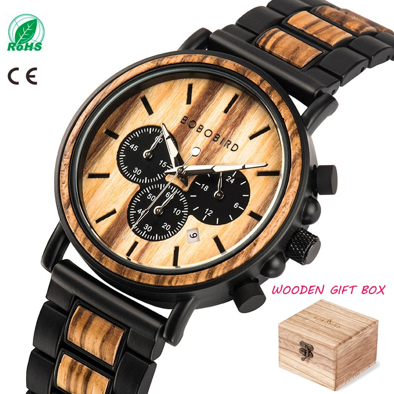 BOBO BIRD Wooden Watch Men erkek kol saati Luxury Stylish Wood Timepieces Chronograph Military Quartz Watches in Wood Gift Box - DreamWeaversStore