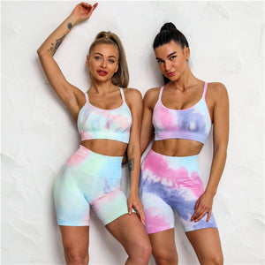 Women Tracksuit Casual Tie Dye Fitness Sportswear Workout Sports Tube Top Running Shorts High Waist Leggings Summer Shorts Set - DreamWeaversStore