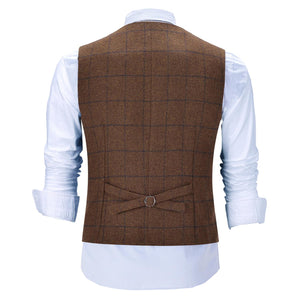 Casual Gentleman Men's Army Green Vest Plaid Soft Wool Brown Jacket Tweed Business Waistcoat For Groosmen Best Man Wedding - DreamWeaversStore