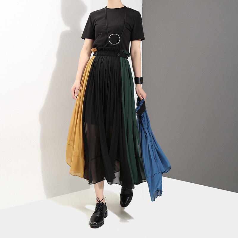 [EAM] 2022 New Spring High Elastic Waist Green Hit Color Pleated Irregular Haf-body Skirt Women Fashion  All-match JG208 - DreamWeaversStore