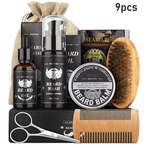 9-piece Beard Care Kit, Beard Growth Kit For Men, Scissors, Brush, Softener, Beard Double-sided Beech Comb, Grate Q7P7 - DreamWeaversStore