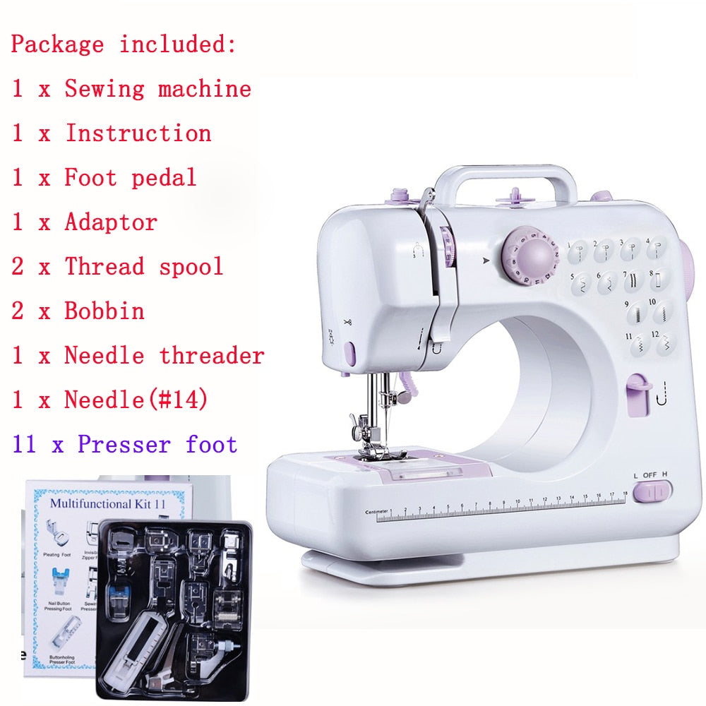 Fanghua Multifunction Mini Sewing Machine 505A 12 Stitches Replaceable + 11pc Presser Foot Power Supply LED Light Sewing classes - DreamWeaversStore