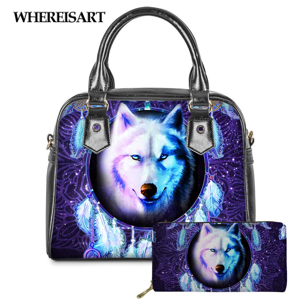 WHEREISART 2PCS Wolf Night Prints Women Shoulder/Messenger/Hand Bag Ladies Daily Top-handle Bag Tote Bag with Long Purse - DreamWeaversStore