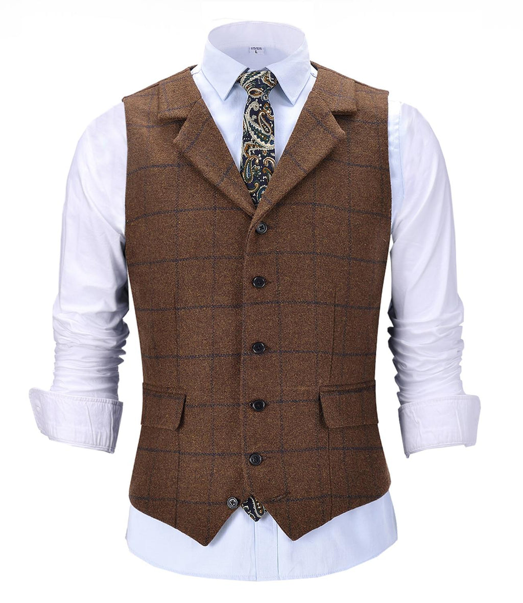 Casual Gentleman Men's Army Green Vest Plaid Soft Wool Brown Jacket Tweed Business Waistcoat For Groosmen Best Man Wedding - DreamWeaversStore