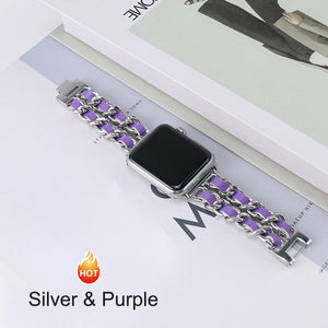 Strap For Apple Watch Series 7 41mm 45mm Chain Link Leather Bracelet For Apple Watch Band 42mm 44mm 40mm 38mm Watchband SE 6 5 4 - DreamWeaversStore