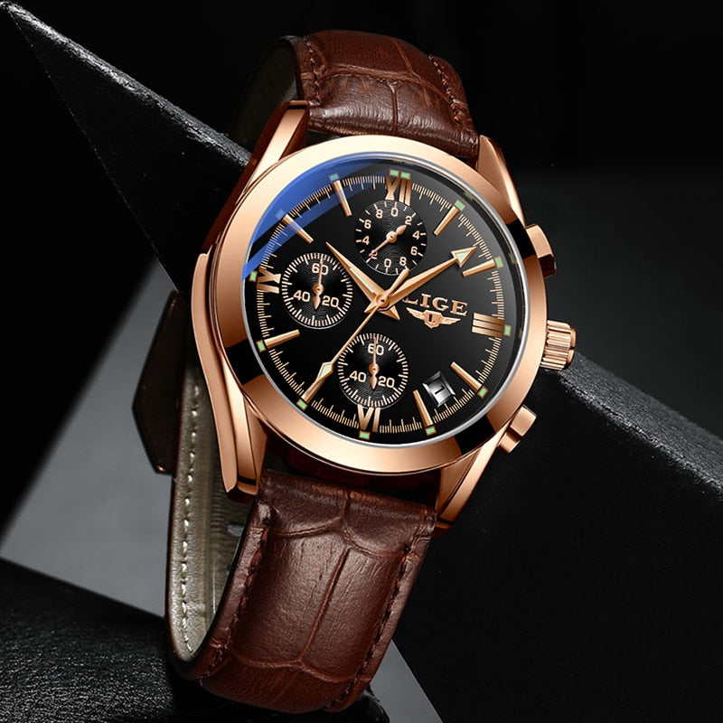 2022 LIGE New Fashion Mens Watches Top Brand Luxury Military Quartz Watch Premium Leather Waterproof Sport Chronograph Watch Men - DreamWeaversStore