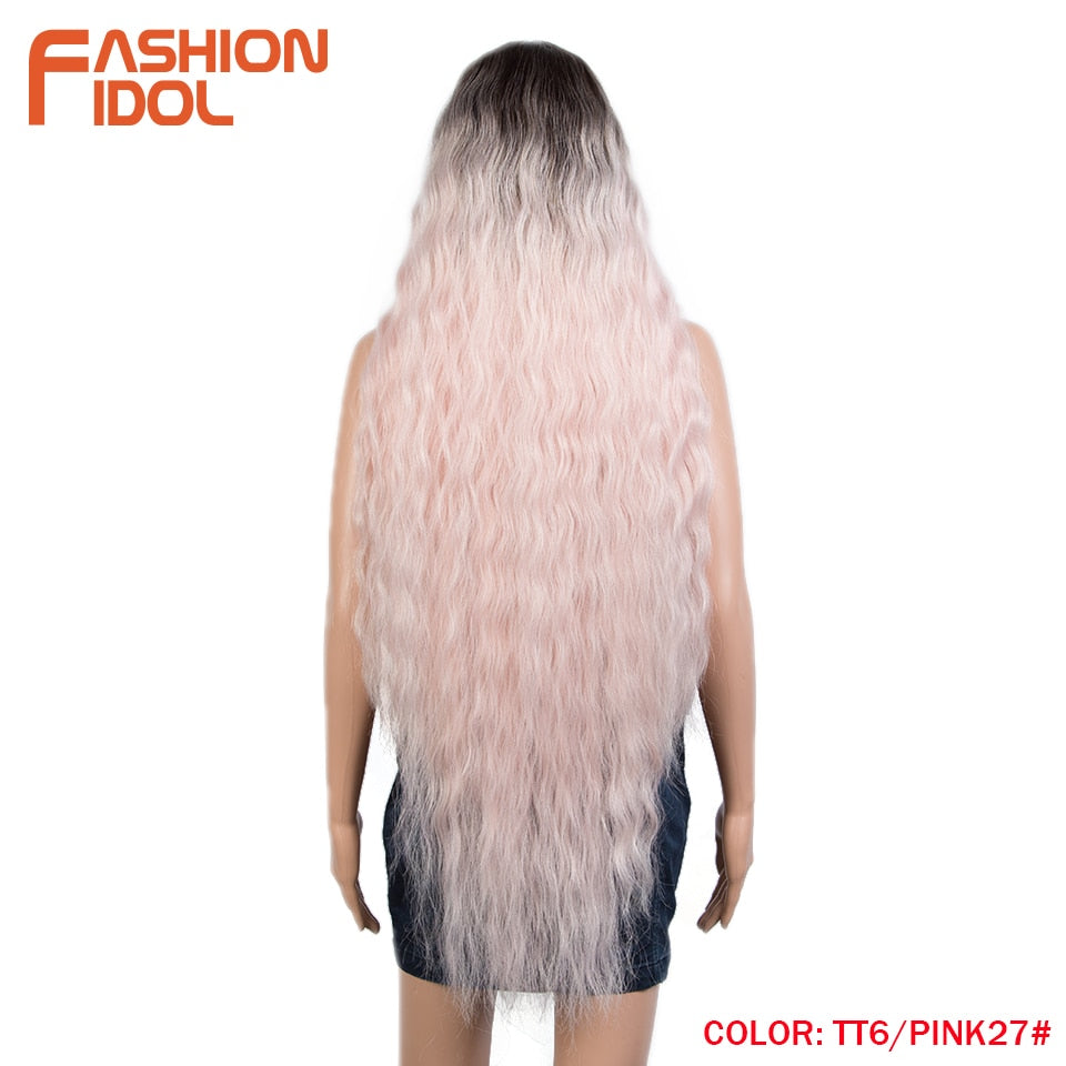 FASHION IDOL 42&quot; Loose Wave Fake Hair Synthetic Wigs For Black Women Ombre Blonde Water Wavy Long Curly Hair Lace Wig Cosplay - DreamWeaversStore