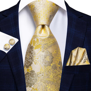 Hi-Tie Champagne Gold Striped Paisley Solid Men Silk Wedding Tie Fashion Design Necktie For Men Hanky Cufflink Business Party - DreamWeaversStore