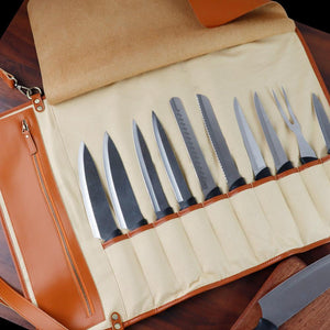 WESSLECO Kitchen Chef Knife Bag Roll Bag Synthetic Leather Knife Carrying Storage Case with 10 Pockets - DreamWeaversStore