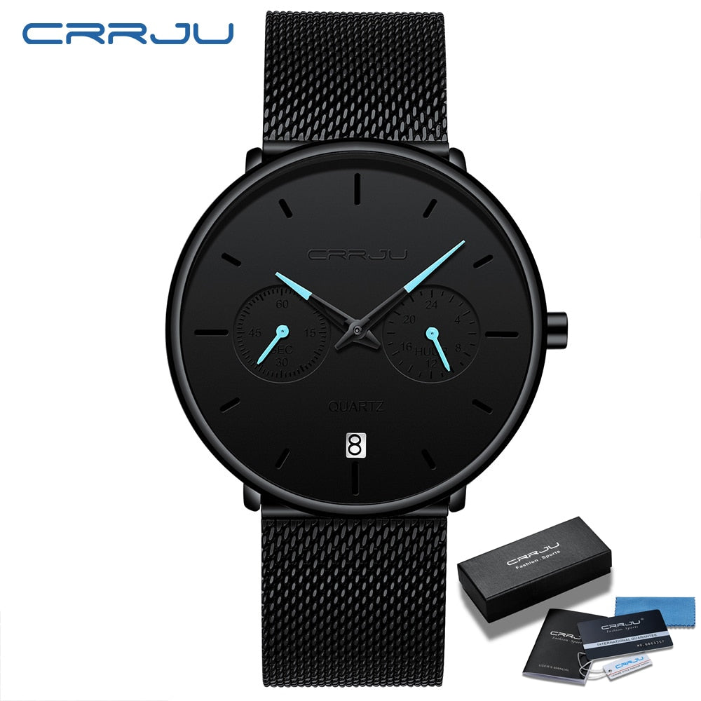 Mens Watches CRRJU Full Steel Casual Waterproof Watch for Man Sport Quartz Watch Men&#39;s Dress Calendar Watch Relogio Masculino - DreamWeaversStore