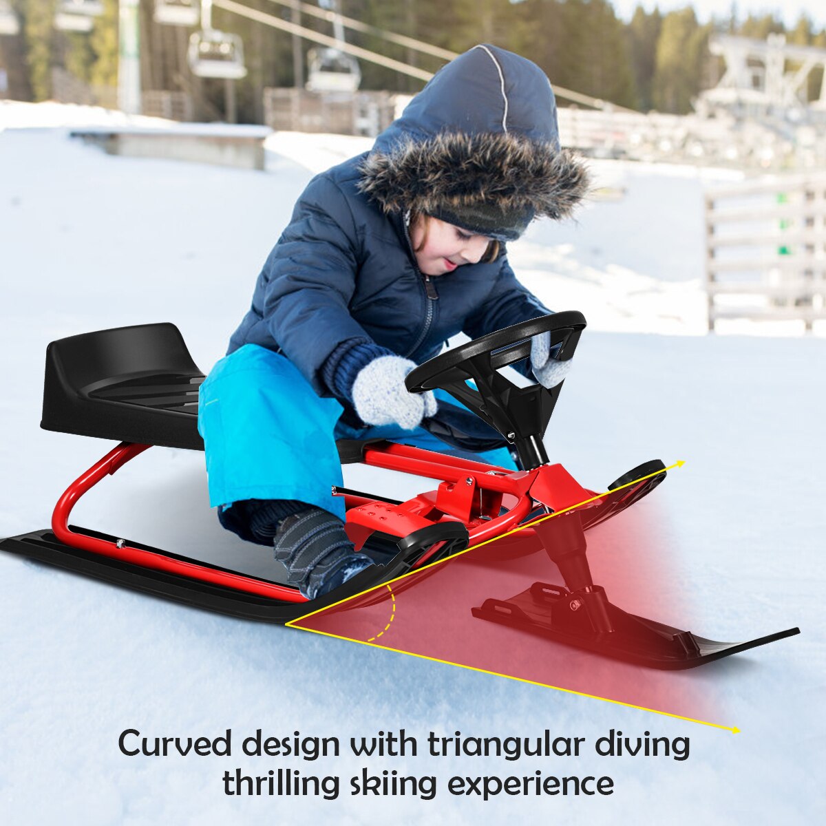 Kids Snow Racer Sled w/ Steering Wheel &amp; Double Brakes Pull Rope Iron Outdoor - DreamWeaversStore