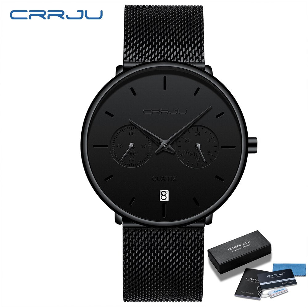 Mens Watches CRRJU Full Steel Casual Waterproof Watch for Man Sport Quartz Watch Men&#39;s Dress Calendar Watch Relogio Masculino - DreamWeaversStore