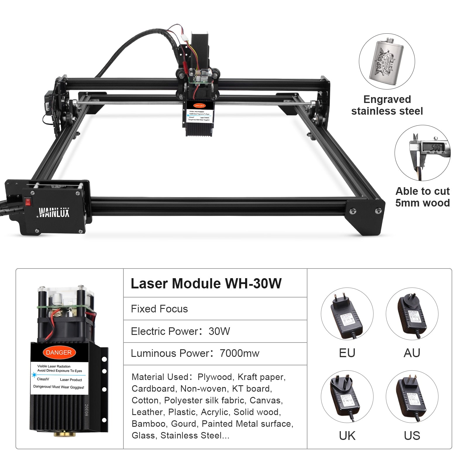 Wainlux Laser Engraver DIY Laser Engraving Cutting Machine Printer 7w 30w 40w CNC Router For Logo carving Cut wood/Leather/Metal - DreamWeaversStore