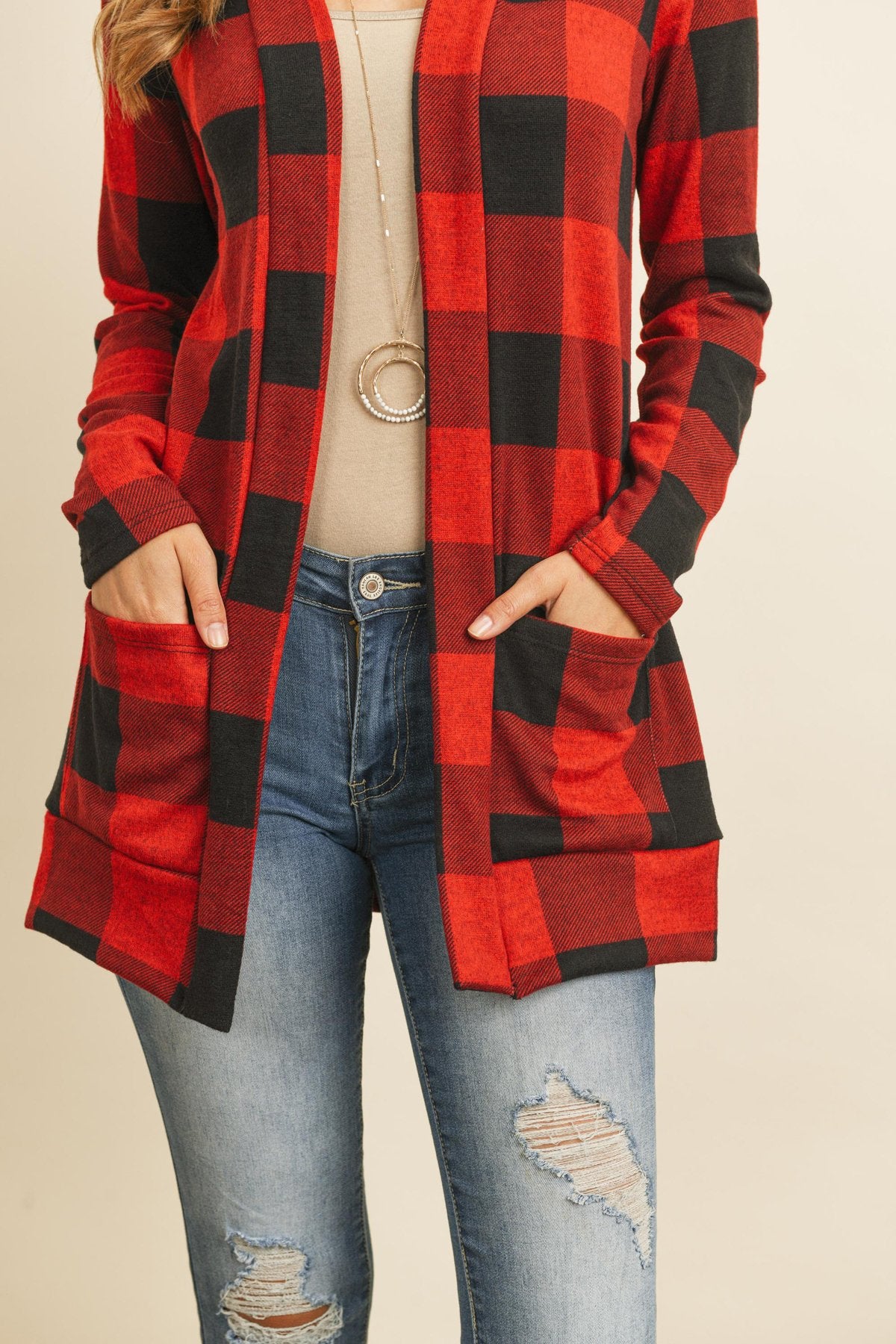 Plaid Long Sleeved Front Pocket Open Cardigan - DreamWeaversStore