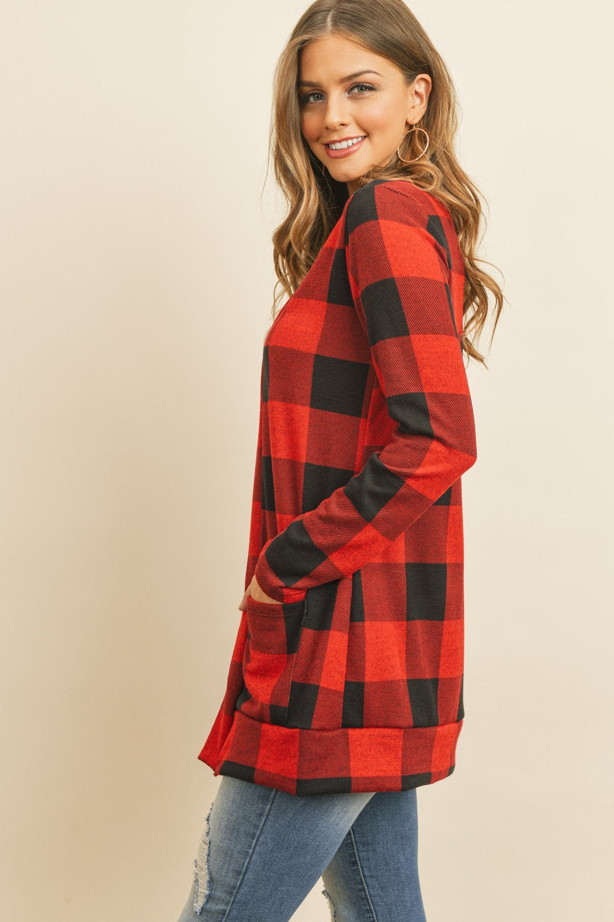 Plaid Long Sleeved Front Pocket Open Cardigan - DreamWeaversStore