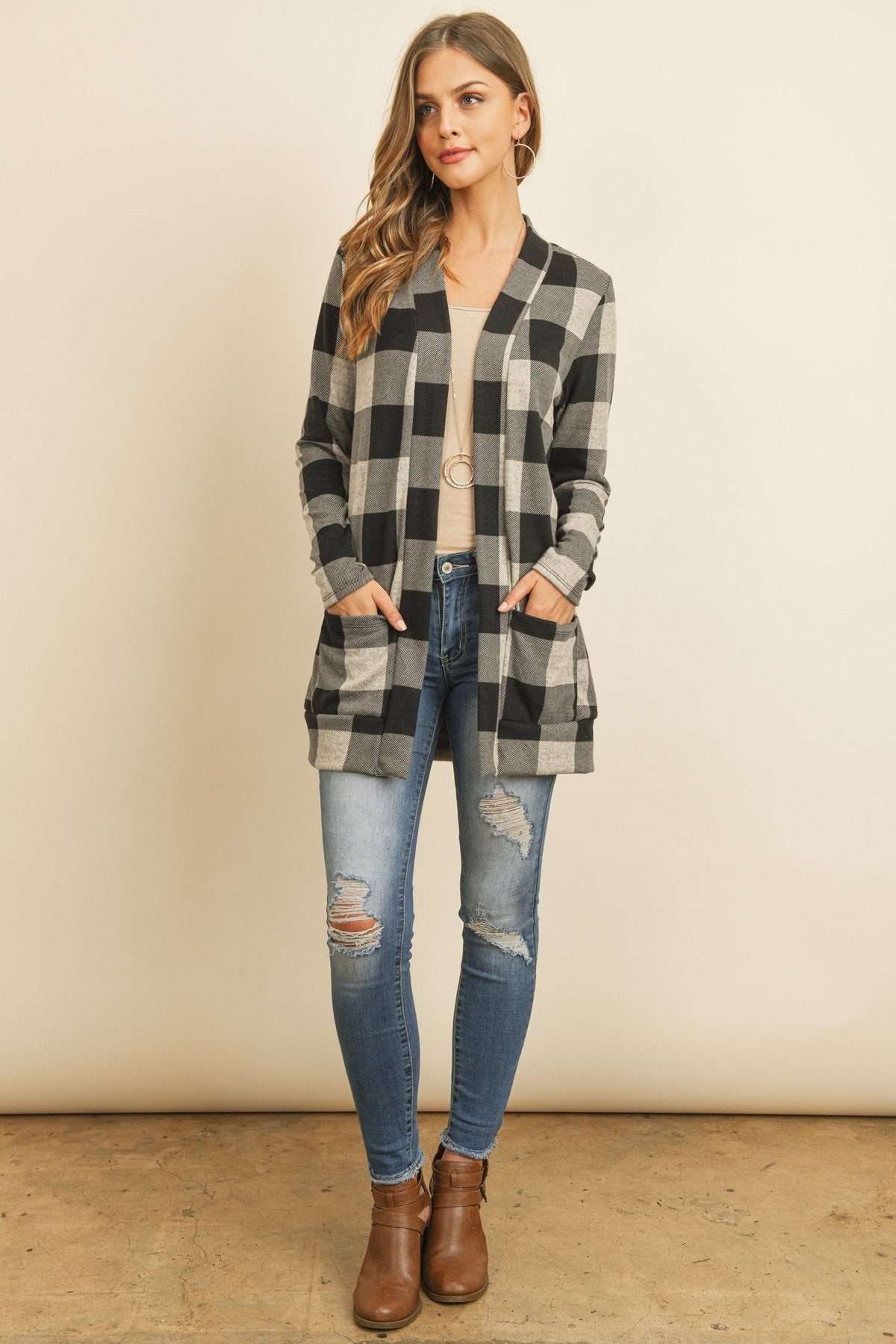 Plaid Long Sleeved Front Pocket Open Cardigan - DreamWeaversStore